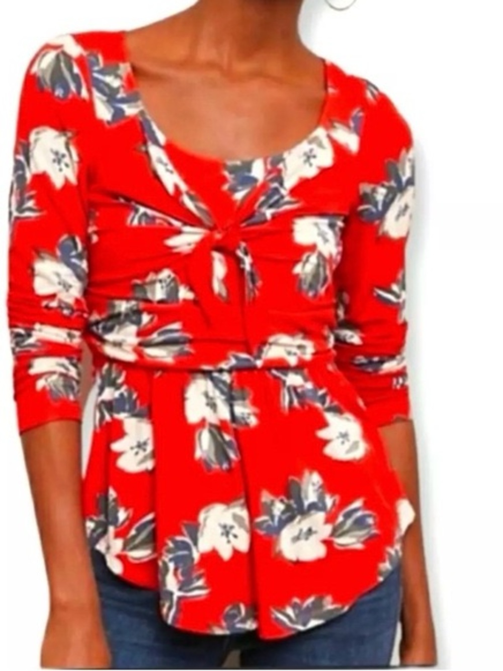 Anthropologie - Meadow Rue Red Floral Peplum Front Tie Long Sleeve Blouse SZ XS